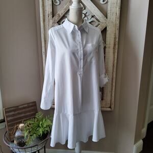 Emily Daniels Women's Small Roll Tab Sleeve Button Collar Flounce Dress in White